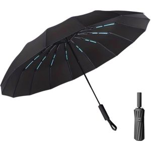 Grinisse Stormparaplu – Opbouwbaar Met Beschermhoes – Automatisch In en Uitklapbaar – 16 Glasvezel Ribben – Zwart – Windproof tot 100 KM P/U