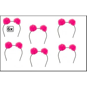 6x Diadeem pluche bol roze - carnaval thema party hoofddeksel haarband roze optocht