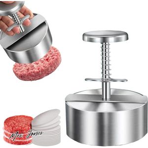 Mrs. Jones Burger Press Maker 304 roestvrij staal verstelbare hamburger pattmaker + 100 vellen bakpapier non-stick patty making-mallen voor beef burgers BBQ BPA-vrij met handvat. .