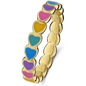 Lucardi Kinder Zilveren goldplated ring gekleurde emaille hartjes - Ring - 925 Zilver - Goudkleurig - 14.50 / 46 mm