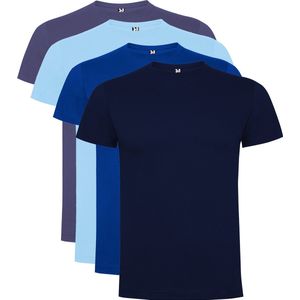 4 Pack Dogo Premium Unisex T-Shirt merk Roly 100% katoen Ronde hals Konings Blauw, Licht Blauw, Denim Blauw, Donker Blauw Maat M