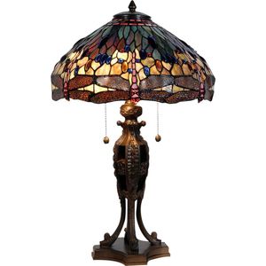 HAES DECO - Tiffany Tafellamp Ø 42x64 cm Blauw Bruin Glas Driehoek Libelle Tiffany Bureaulamp Tiffany Lampen Glas in Lood