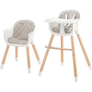 Kinderstoel 2-in-1 SIENNA, hoge babystoel, meegroeistoel, houten poten, 5-puntsveiligheidsgordel, grijs