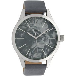 OOZOO Timepieces - Zilverkleurige horloge met blauw grijze leren band - C10074