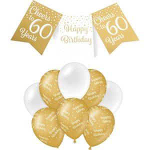 Paperdreams Luxe 60 jaar/Happy Birthday feestversiering set - Ballonnen & vlaggenlijnen - wit/goud