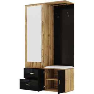 Elegante garderobeset met spiegel, schoenenkast, schoenenbank met haken en uitschuifbare kledingroede, kleuren zwart en hout