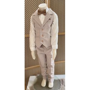 luxe jongens kostuum-kinderpak- kinderkostuum-3 delige set -crème witte hemd, beige vest en broek, camel vlinderstrik-bruidsjonkers-bruiloft-feest-verjaardag-fotoshoot- 4 jaar