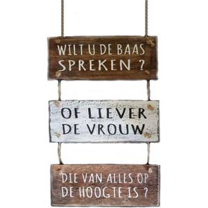 Houten Tekstplank / Tekstbord 30x20 cm ""Wilt u de baas spreken?"" - Kleur Antique White en Naturel