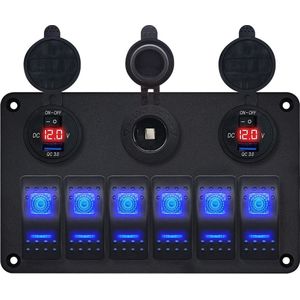 ProRide Schakelpaneel 12V voor Auto/Boot - USB Stopcontact met Schakelaar/Voltmeter - 5V/2.4A - 6 schakelaars + 12V/24V stopcontact