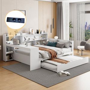 Massief houten slaapbank, 140 x 200 cm, met bureau, boekenplanken, opbergvakken en planken, met stopcontacten, uitschuifbaar bed onder het bed, multifunctioneel tweepersoonsbed van hout, wit