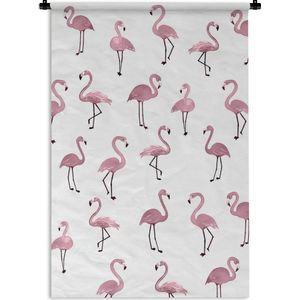Wandkleed FlamingoKerst illustraties - Patroon van donkerroze flamingo's tegen een witte achtergrond Wandkleed katoen 60x90 cm - Wandtapijt met foto