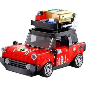 Bouwblokjes rode auto met koffer op het dak, 301 blokjes | te combineren met Lego | auto klassieke rally auto bouwpakket | rode sportwagen bouwpakket