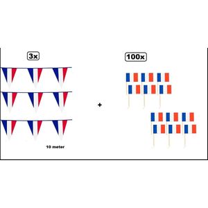 3x Vlaggenlijn Frankrijk (3 kleur) 10 meter + 100x cocktailprikker Frankrijk - Thema feest France EK voetbal Party verjaardag fun