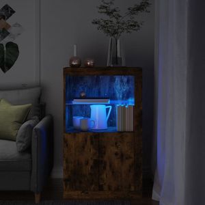 vidaXL Bijzetkast - LED - Hout & Glas - Gerookt Eiken Bijzettafel - LED Lampen - Houten Kast - Bruine Kast - Bergruimte