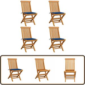 vidaXL Tuinstoelen - Set van 4 - Teakhout - Inclusief kussens Tuinstoel - Teak - Blauw - Buitendecoratie - Lounge