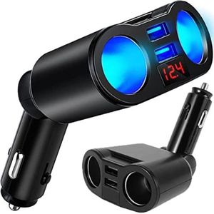 Sigarettenaansteker Splitter - Autolader Splitte - 12v Splitter - Sigarettenaansteker Verdeler - Aansteker Splitter met 2 stekkerdozen, voltmeter en 2 USB, 12 V/24 V