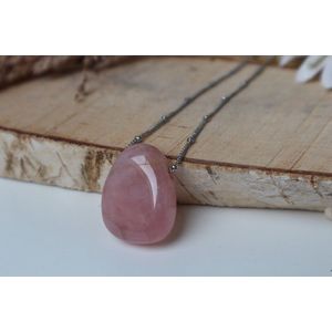 Edelsteenketting Rozenkwarts - Ketting - Sierraad - Cadeau - Gift - Roze - Liefde