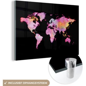 MuchoWow® Glasschilderij 60x40 cm - Schilderij glas - Wereldkaart - Waterverf - Roze - Foto op acrylglas - Schilderijen