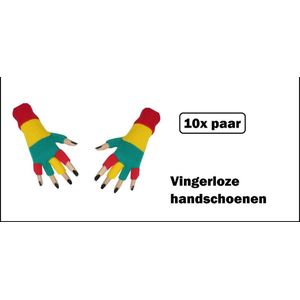 10x Paar handschoenen vingerloos rood/geel/groen - Bright - Carnaval thema feest optocht festival party