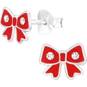 Joy|S - Zilveren kerst strik oorbellen - rood - 8 x 6 mm - kristal - kinderoorbellen