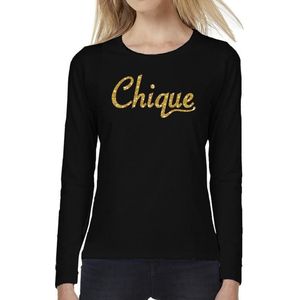 Chique goud glitter tekst t-shirt long sleeve zwart voor dames- zwart shirt met lange mouwen en gouden chique tekst voor dames M