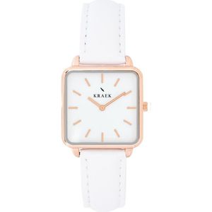 KRAEK Sofia Rosé Goud Wit 28 mm | Dames Horloge |  Wit leren horlogebandje | Vierkant | Minimaal Design