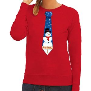 Foute kersttrui / sweater stropdas met sneeuwpop print rood voor dames S