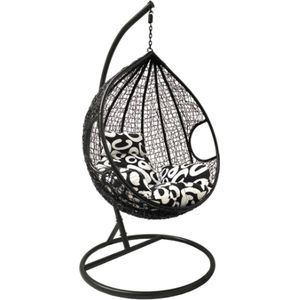 Rijoka Hangstoel Eggy Twisted Schommelstoel – Zwart Rattan - Zwart/Wit Kussen - Large - Voor personen 1.90m Max.