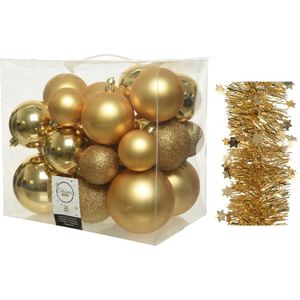 Kerstversiering kunststof kerstballen 6-8-10 cm met sterren folieslingers pakket goud van 28x stuks - Kerstboomversiering