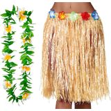Toppers - Hawaii verkleed rokje en bloemenkrans - volwassenen - naturel - tropisch themafeest - hoela
