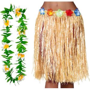 Toppers - Hawaii verkleed rokje en bloemenkrans - volwassenen - naturel - tropisch themafeest - hoela