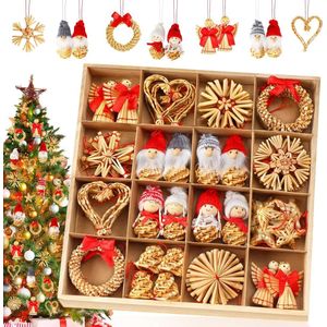 Strosterren kerstboomversiering, 52 stuks strosterren, sieraden, kerstboomdecoraties, stroengel hangers voor kerstdecoratie kerstboom decoraties