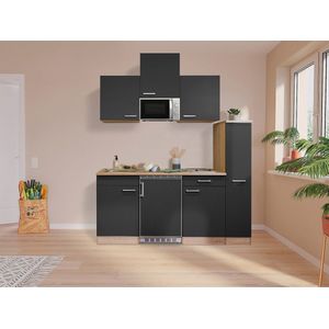 Goedkope keuken 180  cm - complete kleine keuken met apparatuur Luis - Eiken/Zwart - elektrische kookplaat  - koelkast  - magnetron - mini keuken - compacte keuken - keukenblok met apparatuur