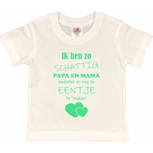 Shirt Aankondiging zwangerschap Ik ben zo schattig papa en mama besloten er nog zo eentje te ""maken"" | korte mouw | wit/mint | maat 122/128 zwangerschap aankondiging bekendmaking