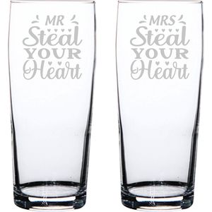 Gegraveerde set bierfluitjes 19cl Mr. Steal your heart - Mrs. Steal your heart