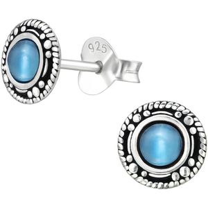 Joy|S - Zilveren Bali oorbellen - 7 mm - cat eye blauw - geoxideerd - oorknoppen