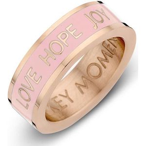 Key moments 8KM-R0010-56 Stalen Ring - Dames - Licht Roze - Emaille - LOVE HOPE JOY - Maat 56 - Staal - Rosé Gold Plated