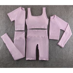 Gymset - LIGHT RIBBED - Maat L - Lichtroze - 5delig - Fitness set - Sportkledingset - Sportset - Sportlegging - Sporttop - Yogaset