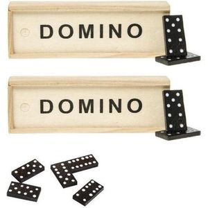 2x Domino Spellen In Houten Kistjes - 15 X 5 X 3 cm - 56x Dominostenen/Steentjes