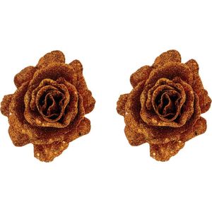 2x stuks decoratie bloemen roos koper glitter op clip 10 cm - Decoratiebloemen/kerstboomversiering/kerstversiering