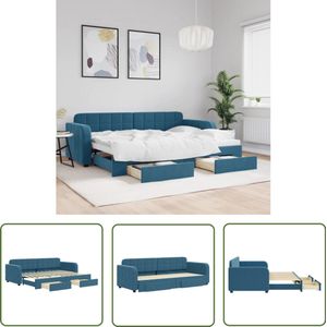 The Living Store Slaapbank met onderschuifbed en lades 80x200 cm fluweel blauw - Slaapbank - Sofa Bed - Boxspring - Lounge Meubels - Slaapbanken