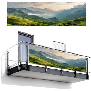 Balkonscherm 300x95 cm - Balkonposter Rijstvelden - Bergen - Groen - Natuur - Balkon scherm decoratie - Balkonschermen - Balkondoek zonnescherm