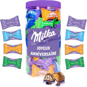 Milka Moments chocolademix ""joyeux anniversaire"" - chocolade verjaardagscadeau - chocolade met hazelnoot, Alpenmelkchocolade, Oreo en toffee - 500g