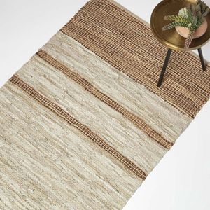 Homescapes leren tapijt beige-bruine strepen 120 x 170 cm - tapijt gemaakt van gerecycled leer