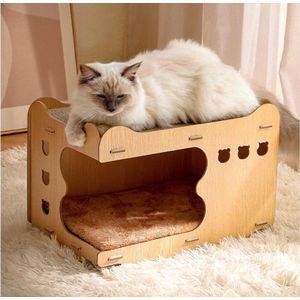 Milieuvriendelijk houten kattenhuis kattenmand - gemakkelijk te demonteren en te reinigen - kattenkrabplank - puur pluche onderlegger - kattenmand XXL - kattenbed Kattenmand