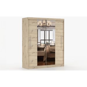 Kledingkast NICO I 203 cm - 2-deurs schuifdeurkast met spiegel en kledingstang - Garderobekast met ruime opbergruimte - Moderne kast voor slaapkamer en hal (Artisan)