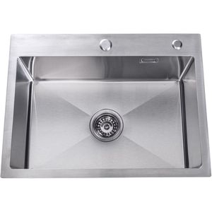 Lendo Online Spoelbak voor keuken met kraangat 590x440x200mm (59x44x20cm) RVS - Roestvrij staal- Wasbak met waterafvoersysteem - Gootsteen + bevestigingshaken Binnenmaat: 54x35cm