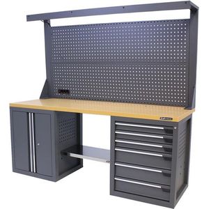 Kraftmeister werkbank 200 cm - Werktafel met gereedschapswand, 6 laden, 1 opbergkast en MDF werkblad - Grijs
