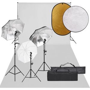 vidaXL Fotostudioset - complete verlichtingsset met paraplus en achtergrond - 3 x statief - 3 x daglichtlamp - 1 x achtergrond - 1 x reflector - draagtas - Fotostudio Set