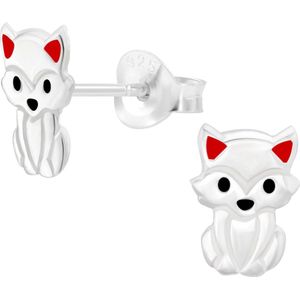 Joy|S - Zilveren kat oorbellen - zilver met rode oortjes - 6 x 8 mm - kinderoorbellen